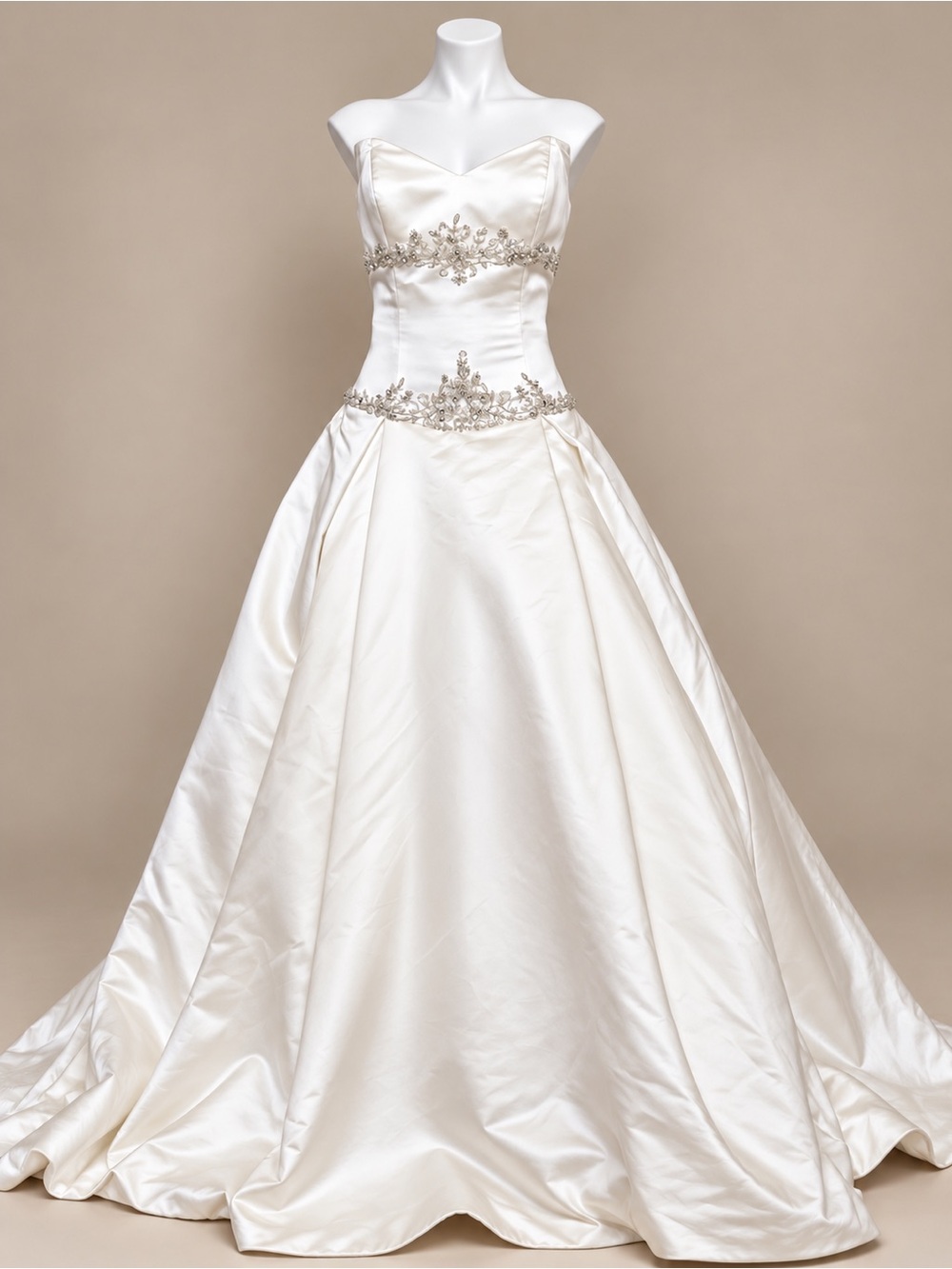 Strapless Ivory Satin Ball Gown Dress with Beaded Waist